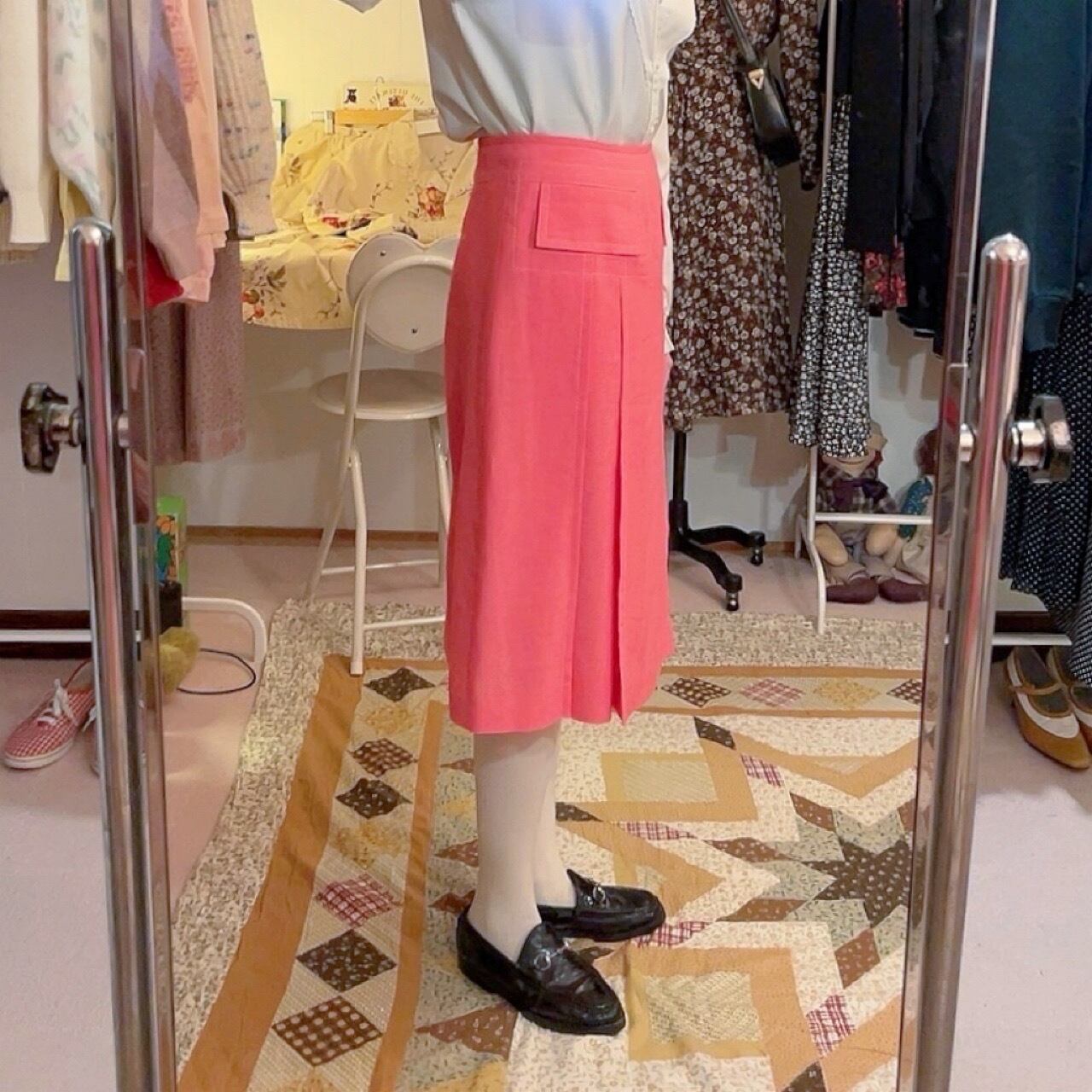 vivid pink white stitch tuck skirt