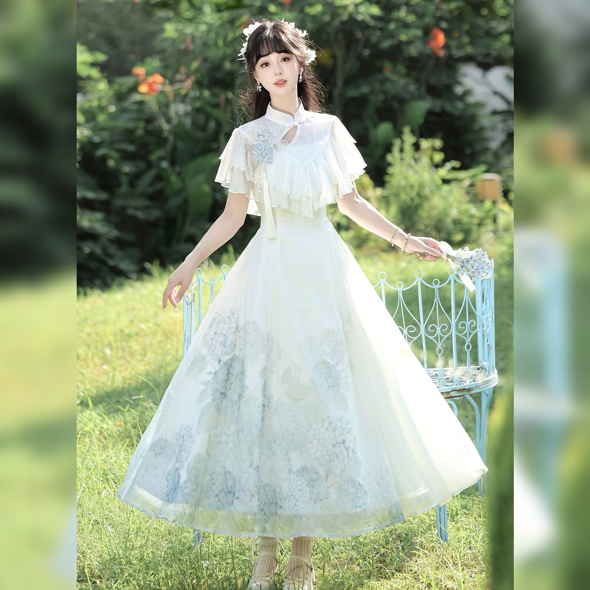 月白紫陽花フリルロングドレス | Maiden's Rêve