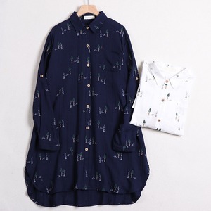 総柄 シャツカラー 長袖 シャツワンピース 2col 1066