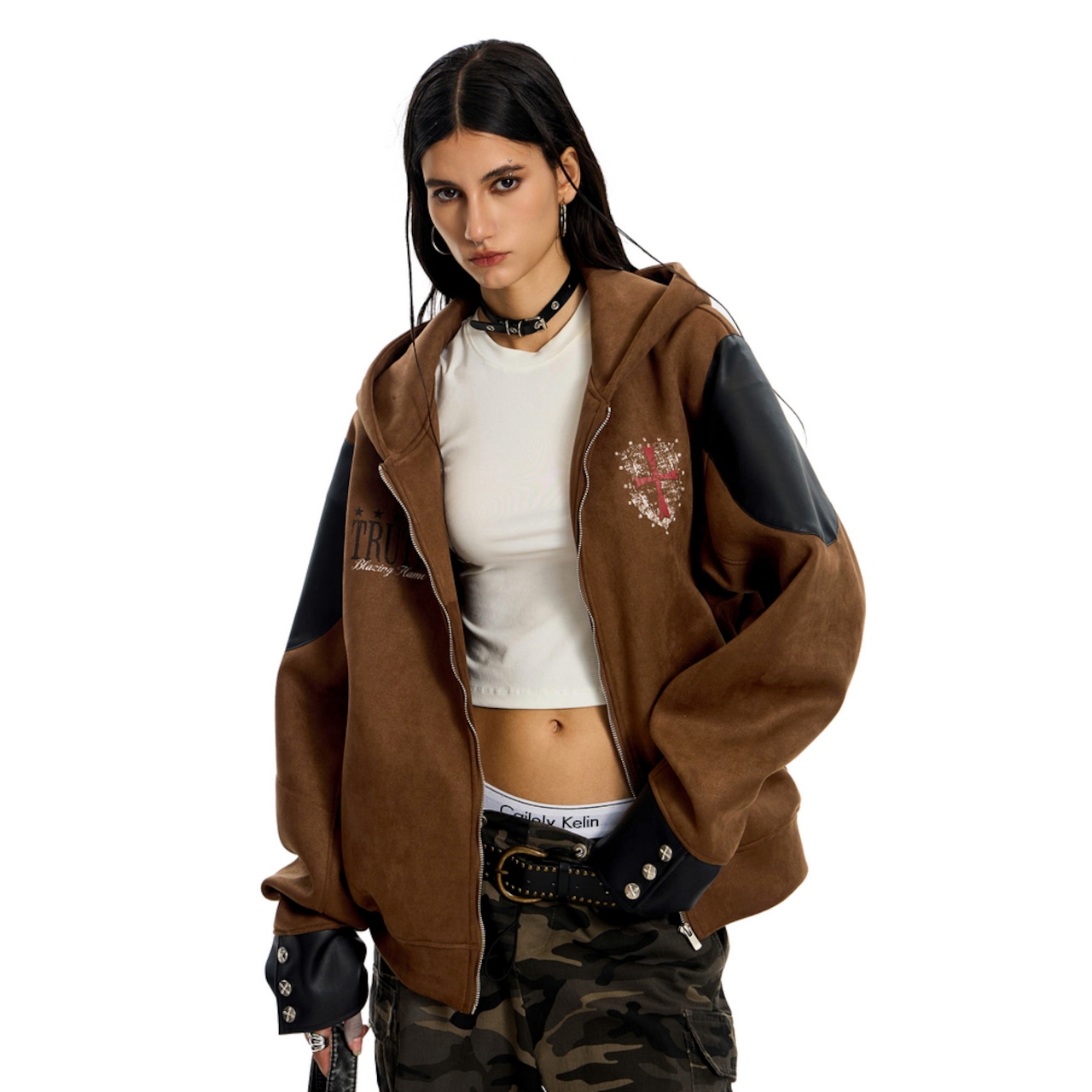 ストリート パッチPUレザー ジップパーカー T1888