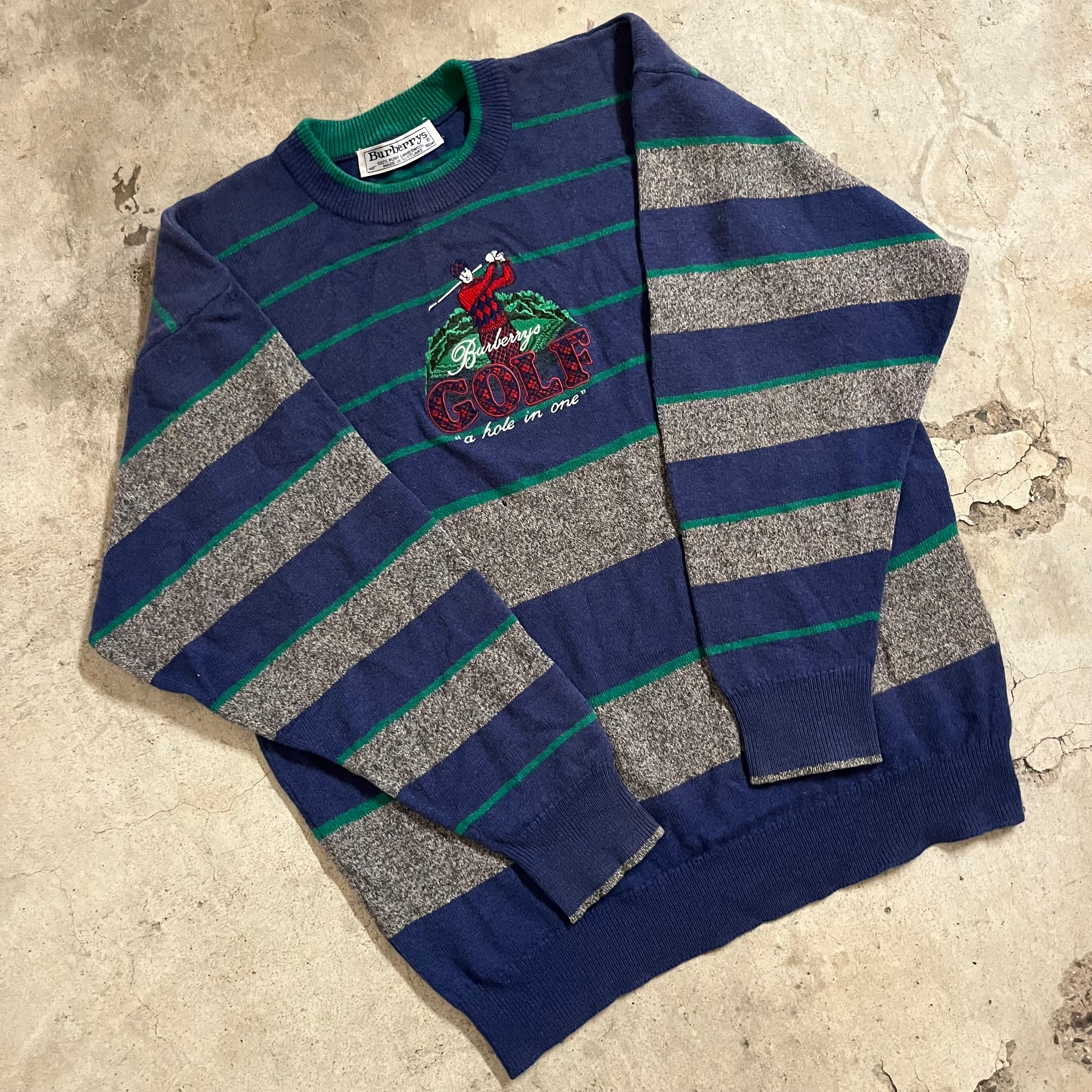 【BURBERRY】90’s made in Scotland lambwool golf embroidery border knit/バーバリー  90年代 スコットランド製 ラムウール ゴルフ刺繍 ボーダー ニット/lsize/#0802/osaka | 〚ETON_VINTAGE〛