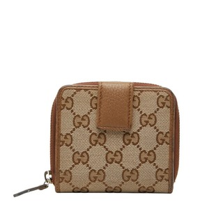 グッチ GGキャンバス - ラウンドファスナー 二つ折り財布 346056 ベージュ ブラウン キャンバス レザー レディース GUCCI 【中古】
