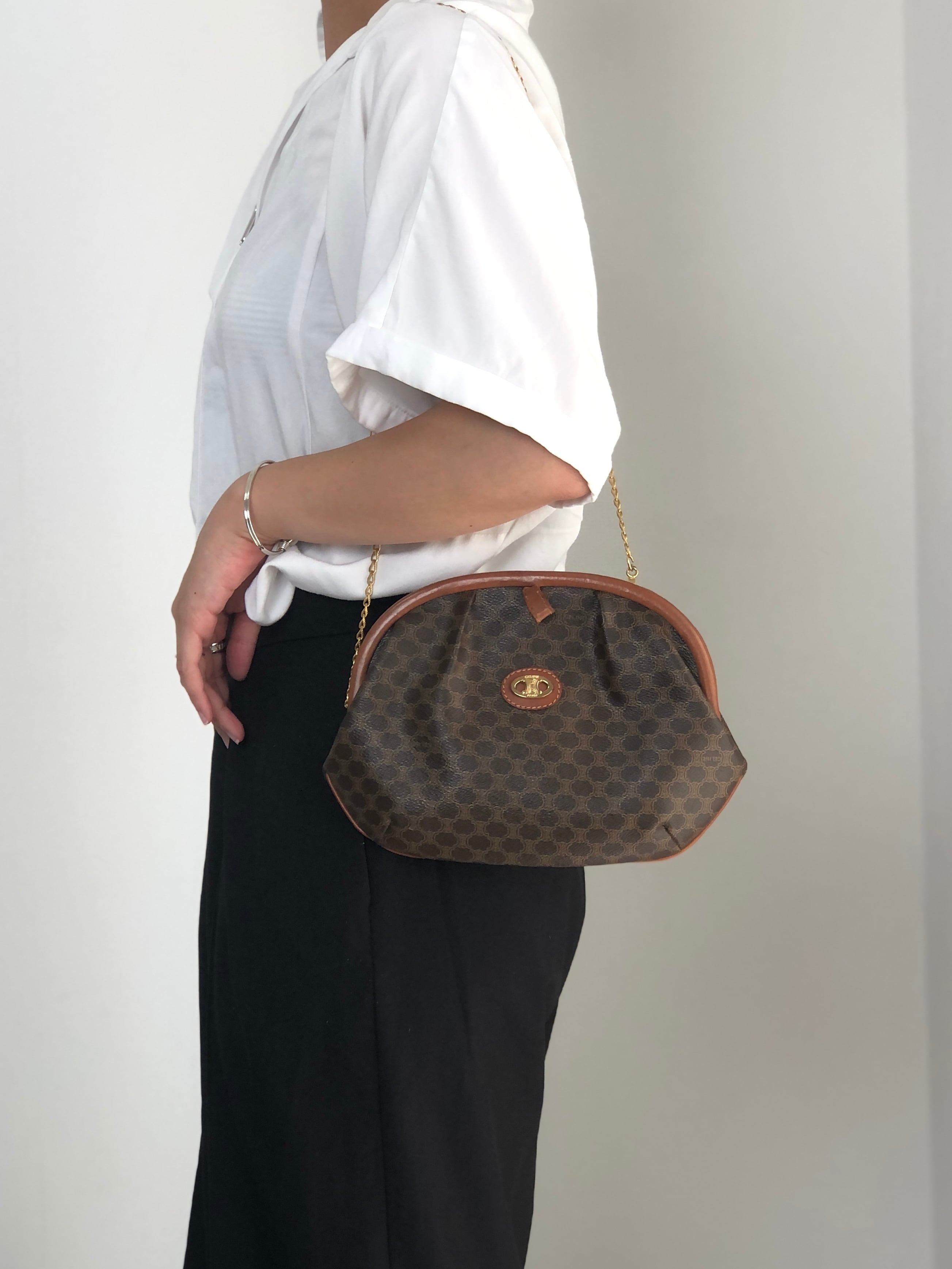 CELINE セリーヌ マカダム ショルダーバッグ ブラウン がま口 PVC