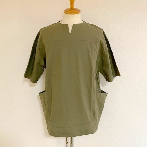 Miracle Cotton Dungaree Tool Pocket Key-Neck Big T-Shirts　Olive