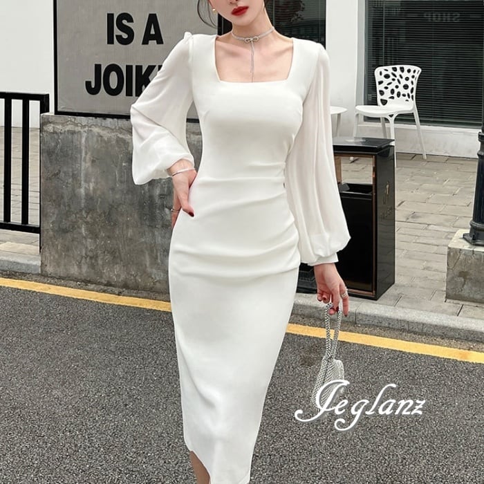 2色 パーティ ドレス ワンピース フォーマル ボリューム袖 タイト クラシカル(M7552)ζ