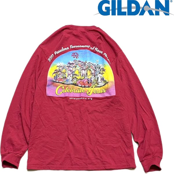 1点物◇ギルダンGILDANエンジ色バックプリント長袖ロンTシャツ古着L