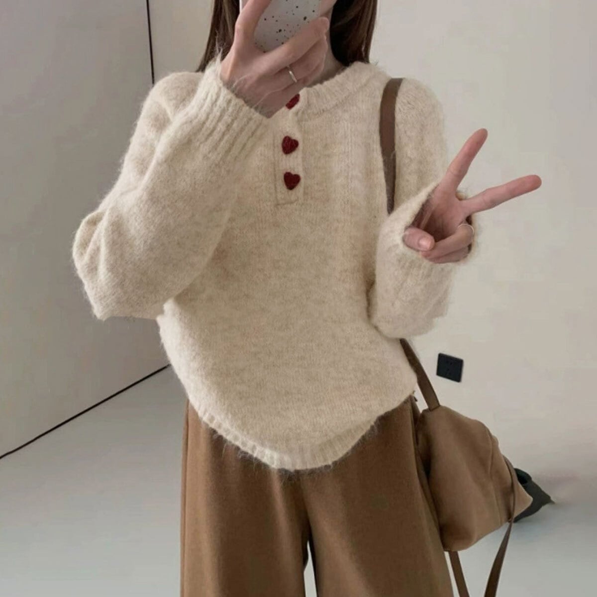 ニット 起毛 長袖 ハーフボタン レディース 春秋冬 韓国 トップス おしゃれ 大人 カジュアル きれいめ ハートボタン 無地 ゆったり ガーリー フェミニン 大人可愛い 大人女子