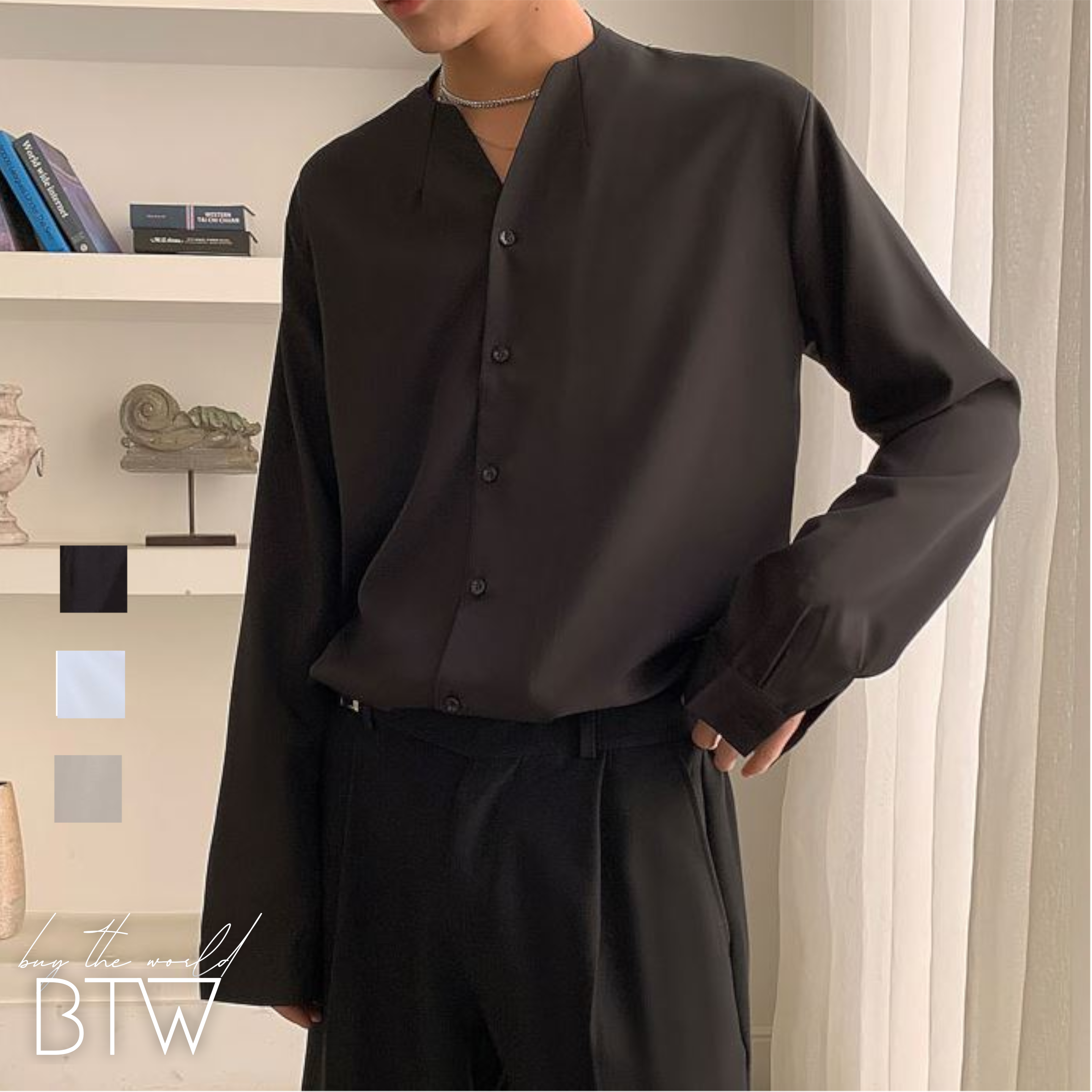 韓国メンズファッション】 BW651 レトロ Vネック シャツ 無地 長袖