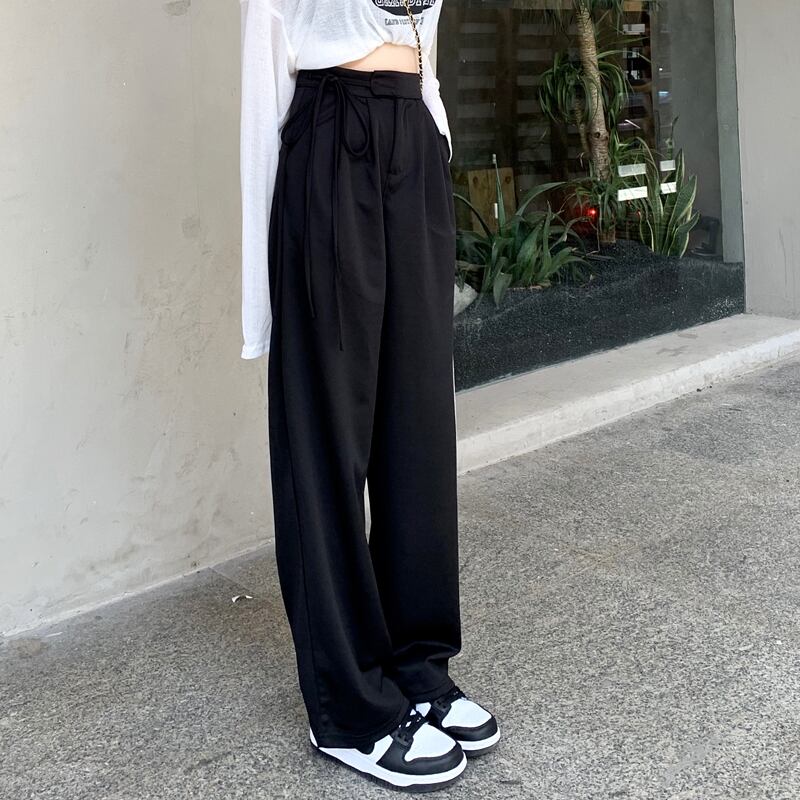 ブラックパンツ サマー薄手ハイウェストウェストワイドレッグスプリングオータムカジュアル 春物 夏物 秋物 ワイドパンツ 試着室19913626612