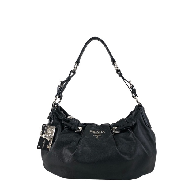PRADA プラダ ショルダーバッグ ブラック ロゴ型押し レザー vintage ヴィンテージ オールド en8d2i