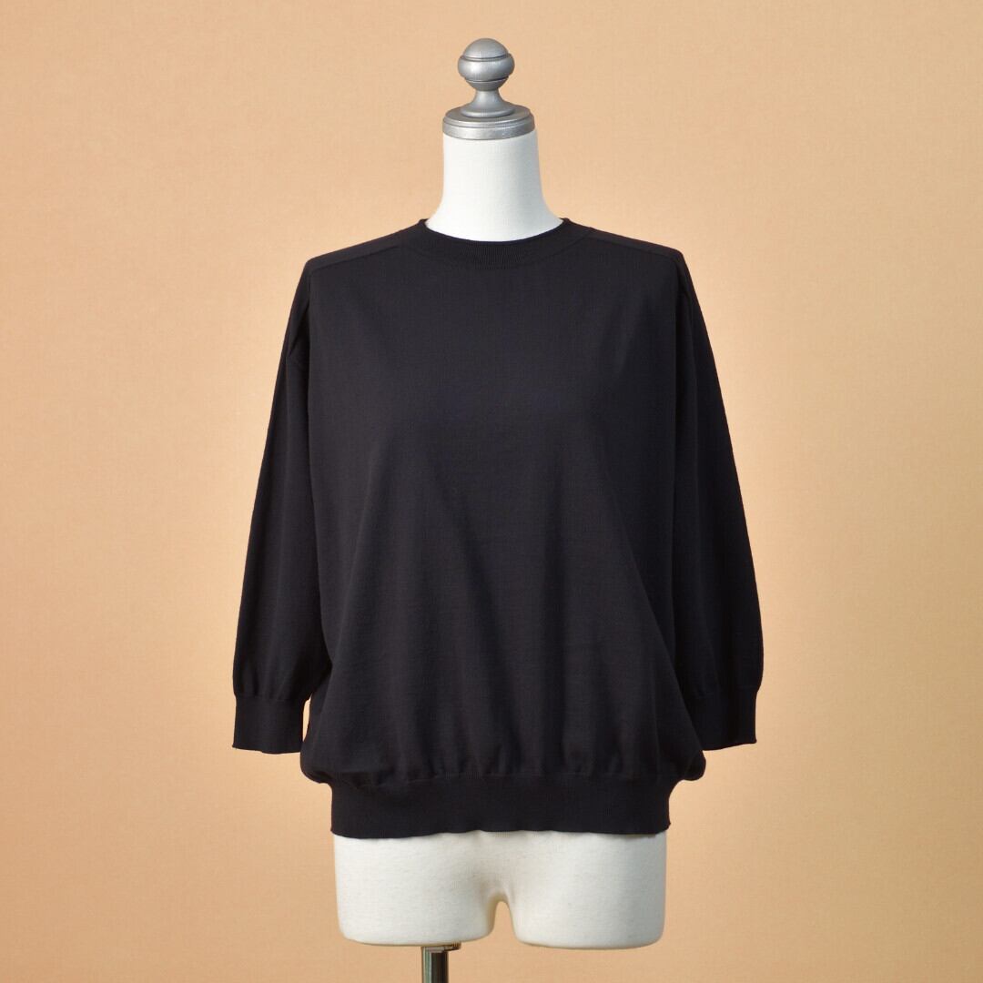 LinenYa リネンや クルーネック7分袖コットンニット・ブラック 柔らかく着心地の良いニットです