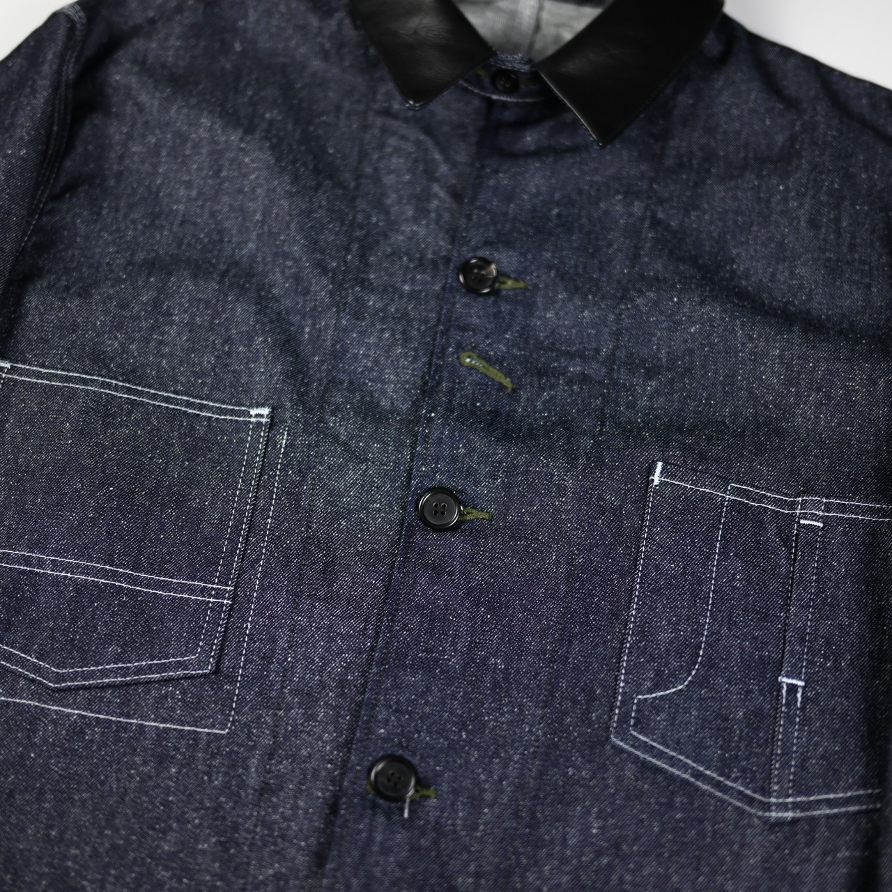 INTERIM / GOAT LEATHER COLLAR SILK NOIL DENIM 1st HERCULES COVERALL