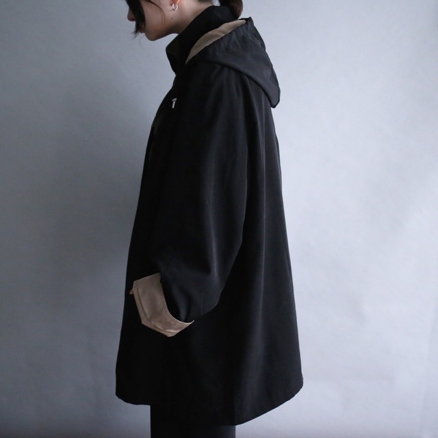 ”完品" bi-color switching design over size jacket coat with liner & hood
