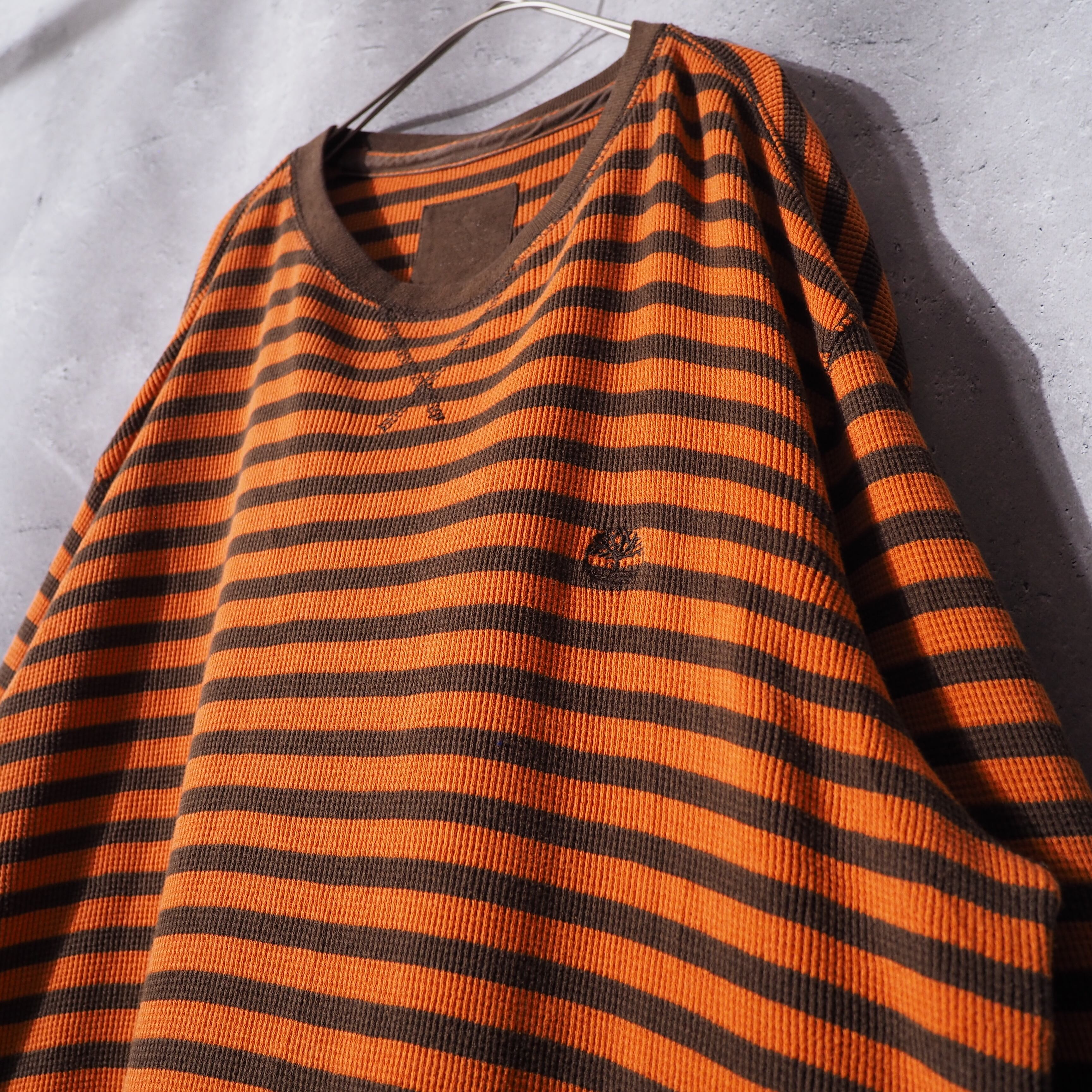 1990s ” Timberland ” Carrot orange × Brown Bi color border design long sleeve Tee