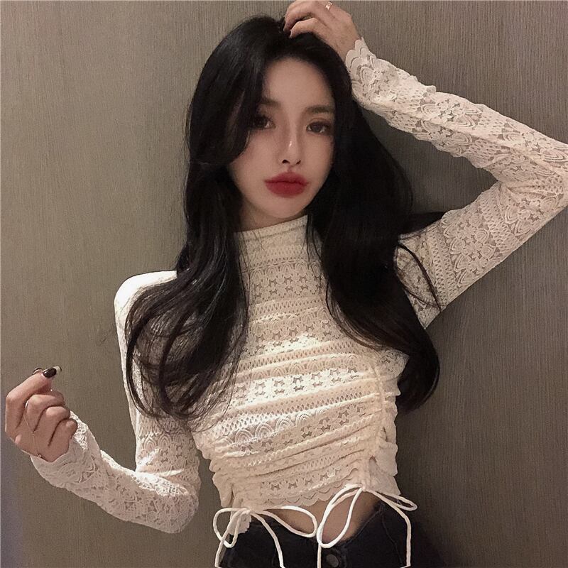 シフォンレースシャツ スプリングカラートップス ロング 春物 ブラックストロベリース71949715528