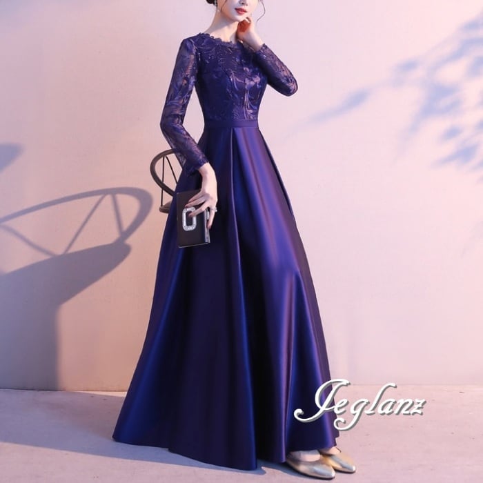 2色 パーティ ドレス ワンピース 刺繍 レース 気品 ミドル/イブニング(MA985)ζ