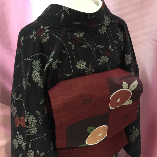 アンティーク 山並みに菊模様織出し名古屋帯（着用可）正絹 342cm 割れる 