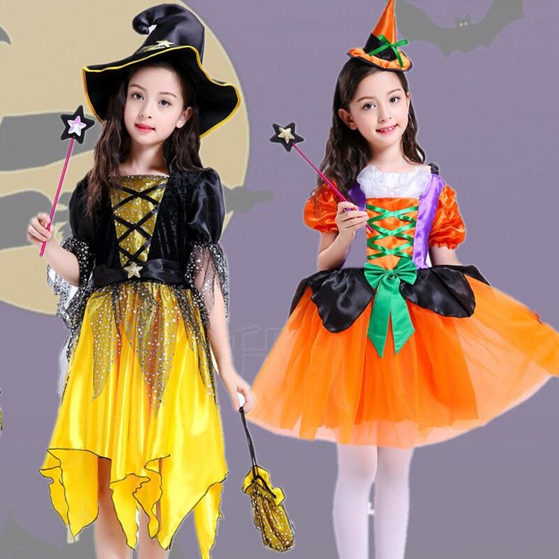 ハロウィン 魔女 仮装 ワンピース 子供服 大人 子供 コスプレ衣装 4点セット(90-160cm)