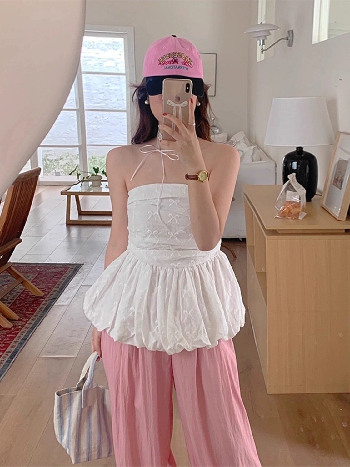 July リボンベアペプラムトップス おしゃれ夏服 お揃い 2024春服 個性 