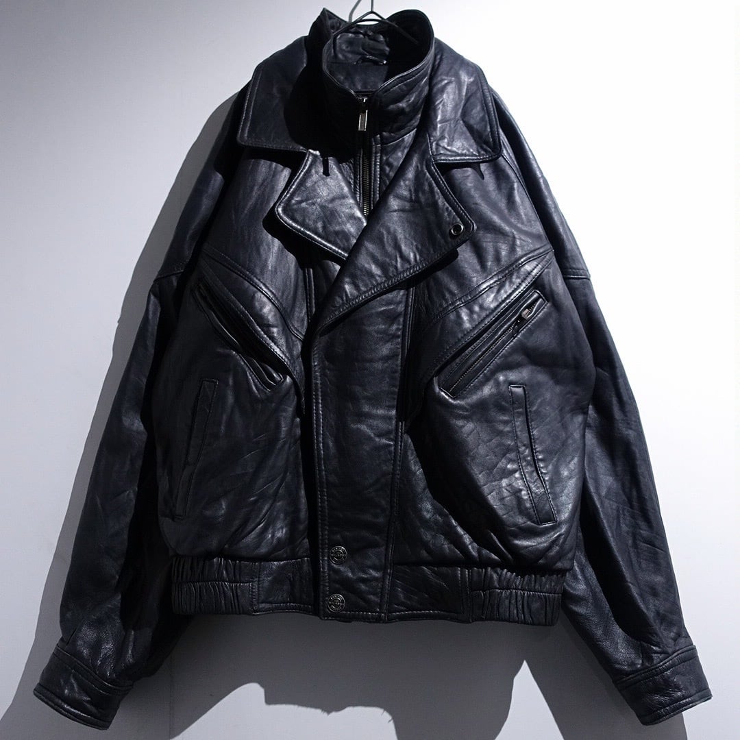 90s "WILSONS" Black Leather Layered Neck Design Blouson