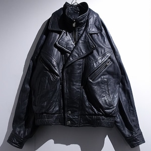 90s "WILSONS" Black Leather Layered Neck Design Blouson