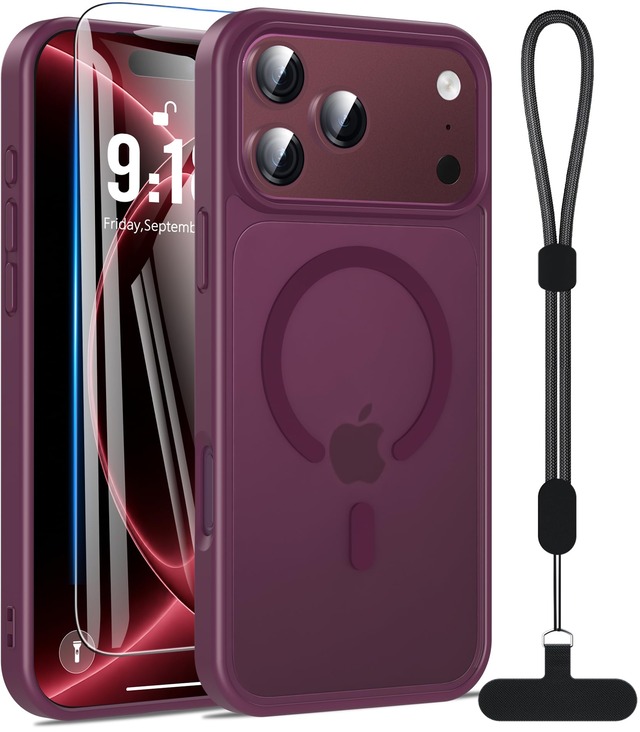 Fin2feel iPhone 18 Pro ケース MagSafe対応 半透明マット 耐衝撃 ストラップ・ガラスフィルム付き レッド