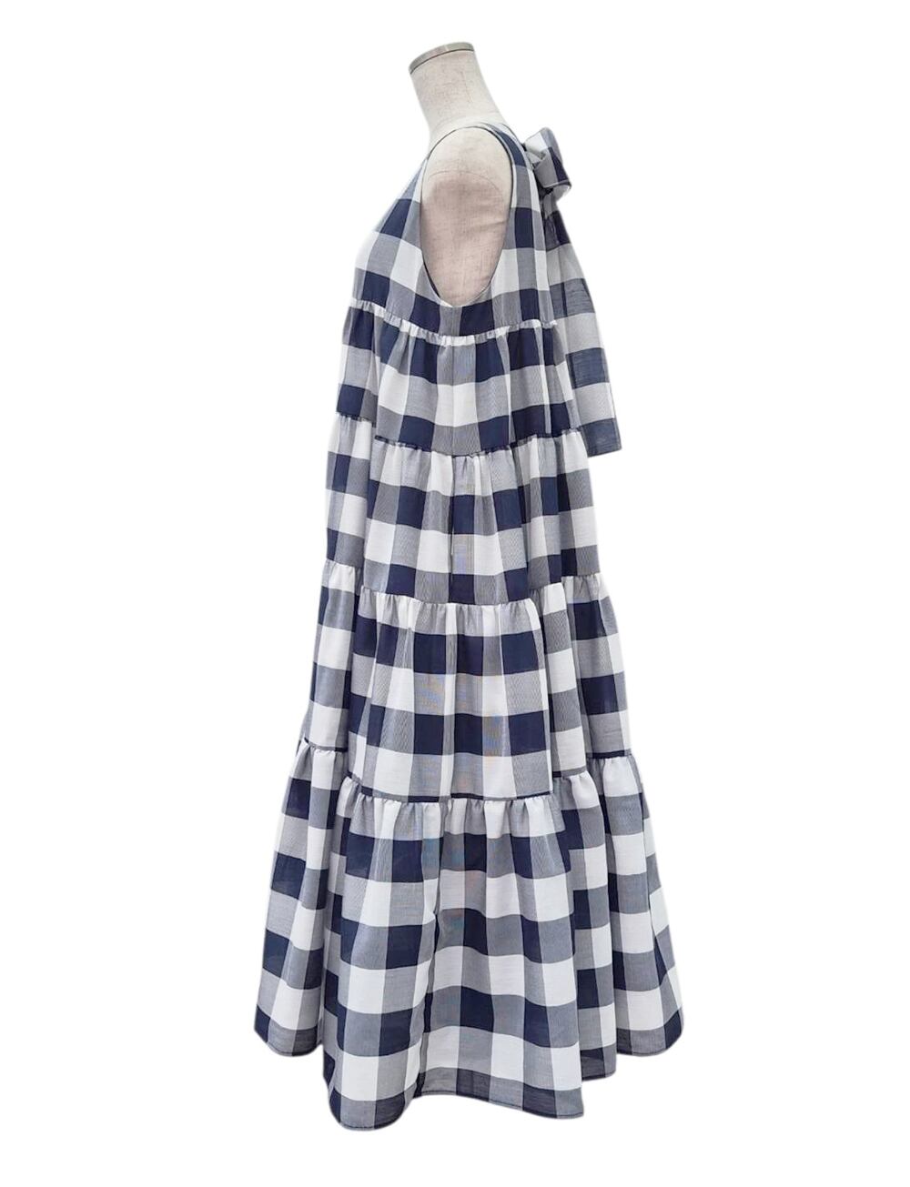バックリボンティアードワンピース チェック navy | amin pur