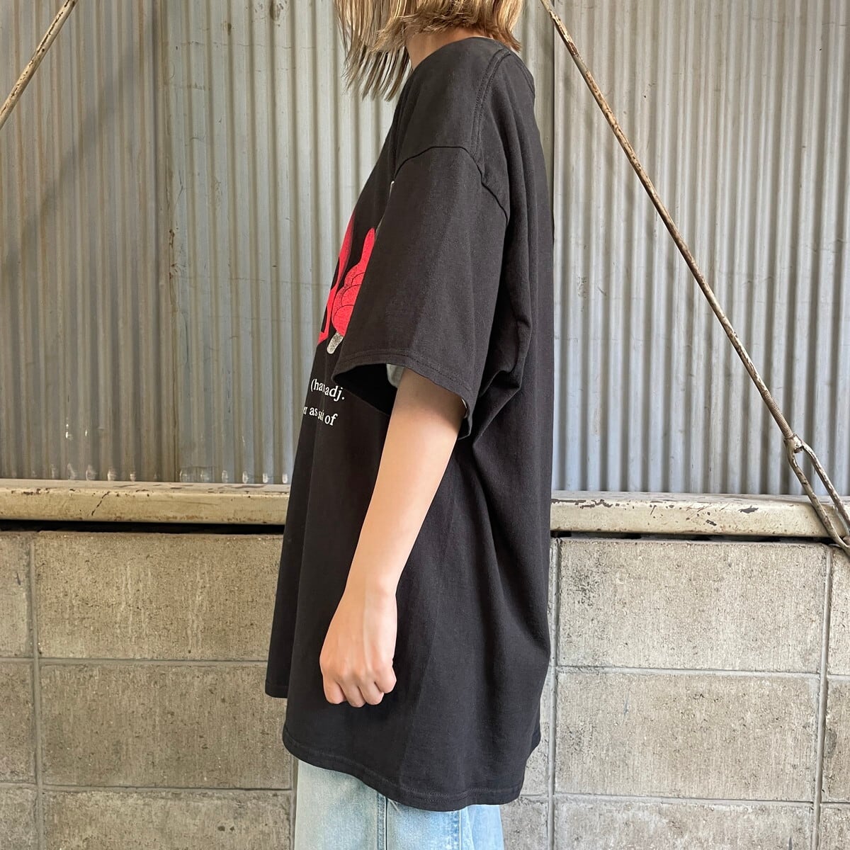 Han・gry イラスト プリントTシャツ メンズXL 古着 ブラック 黒 レッド