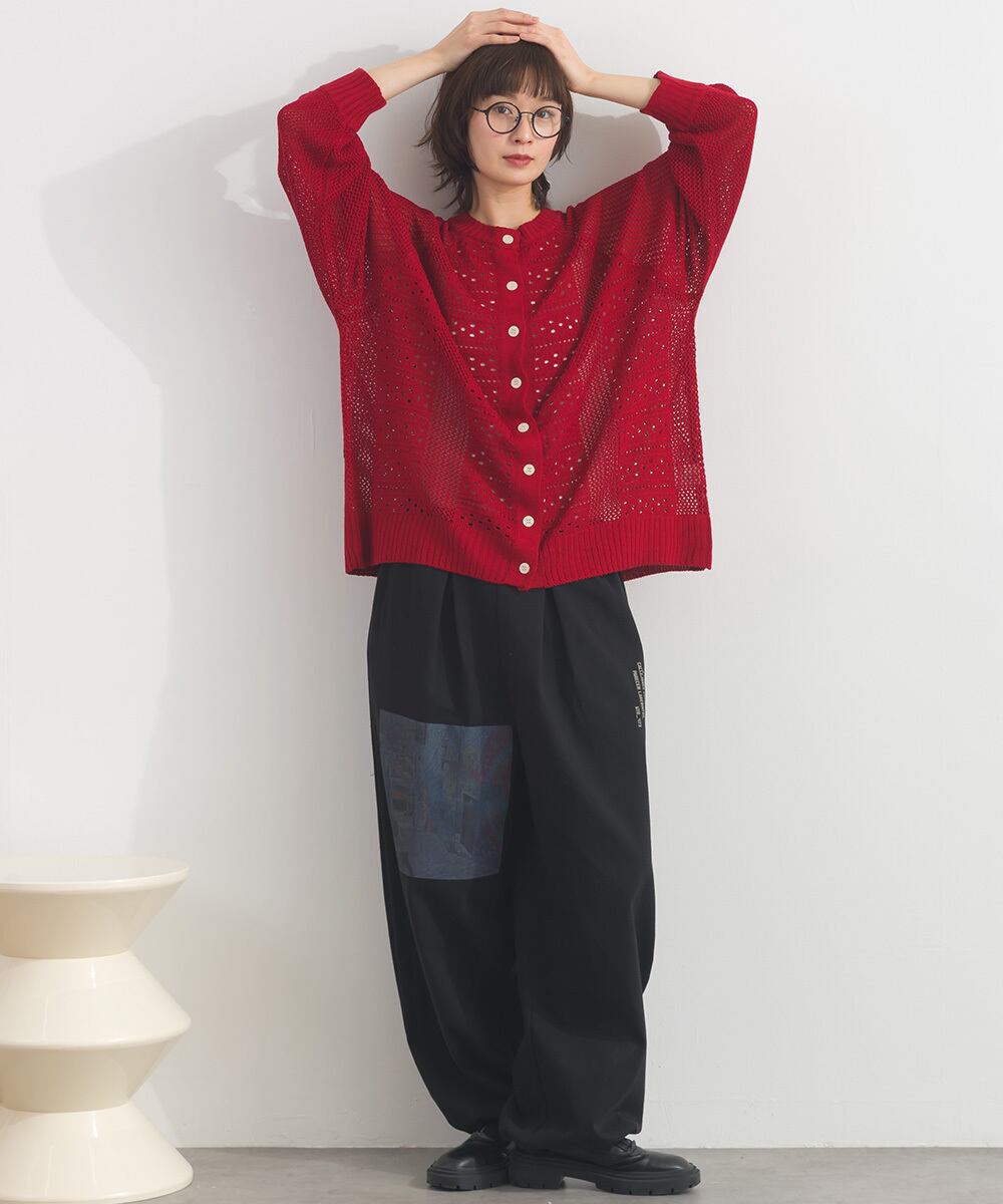 B261068 コットンライクアクリル前後2WAY透かし柄カーディガン