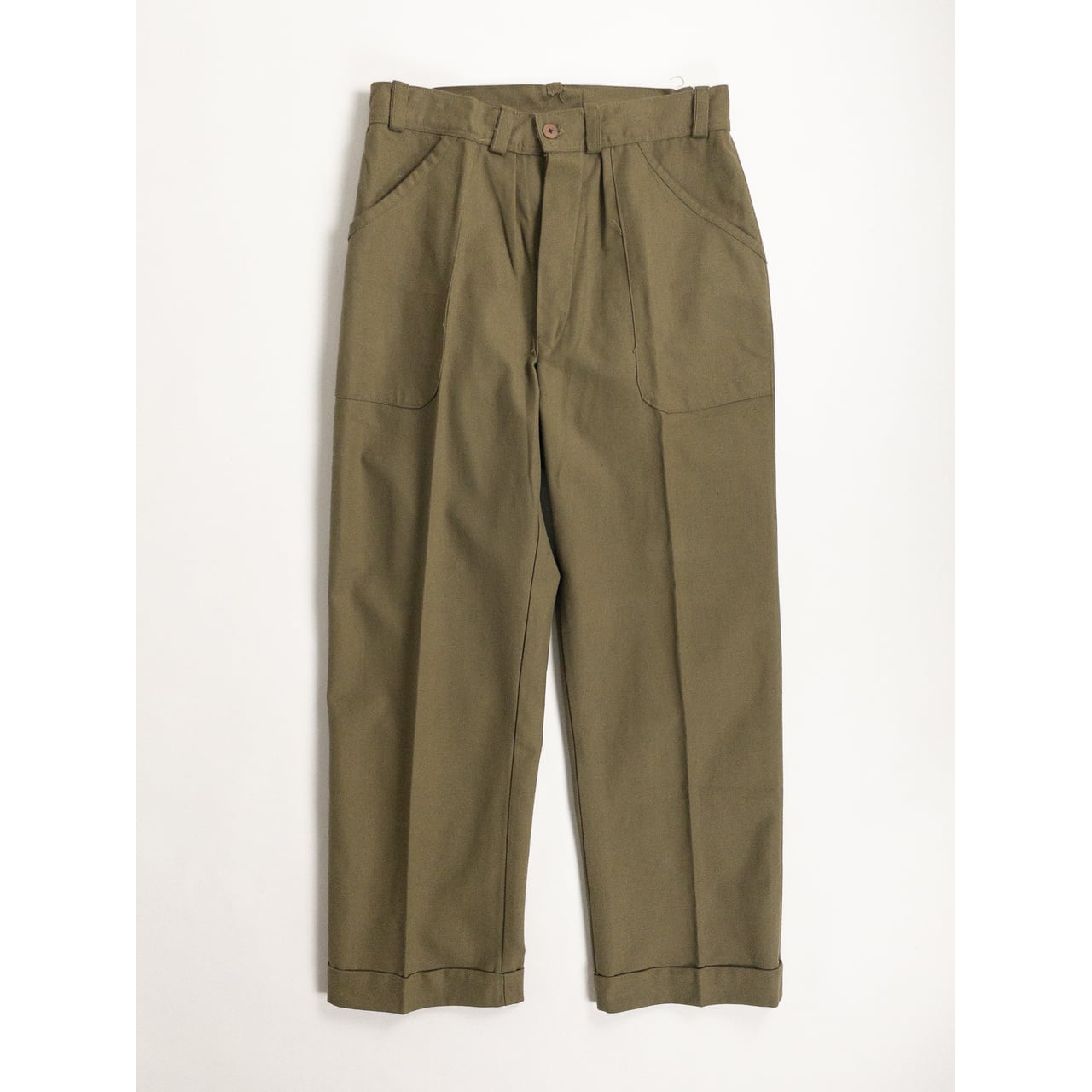1950s "French Vintage" Olive Cotton Twill Work Trousers with French Military Fabric