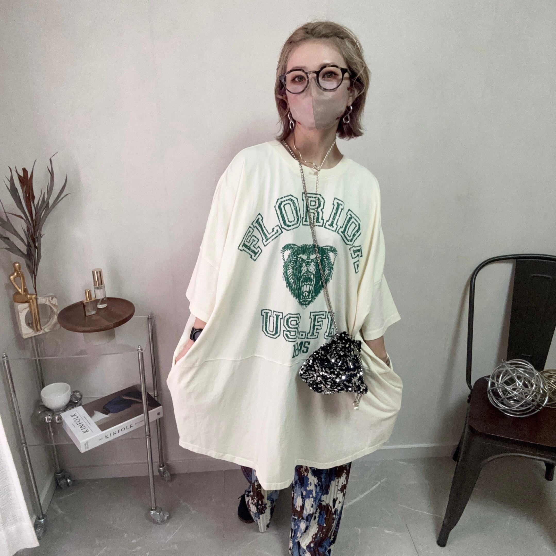 bear print switching big tee【Cream】