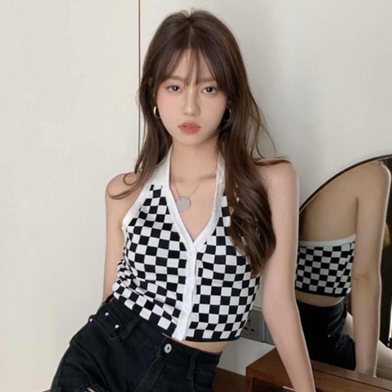 格子柄サマースタンダードショート薄手ホルタートップス バック レトロ 夏物 ピュア YY-ファッション24375000275