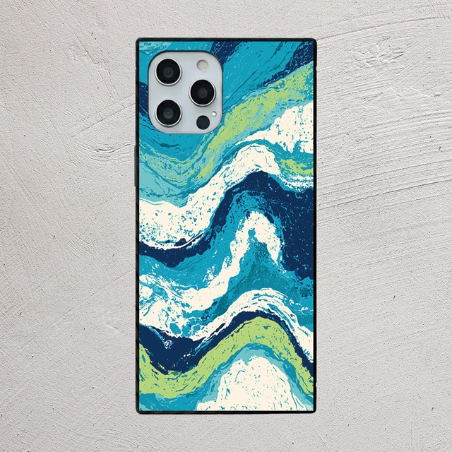 受注生産 iPhoneケース ブルーとグリーンの海流マーブル｜紙マーブリング MARB027C