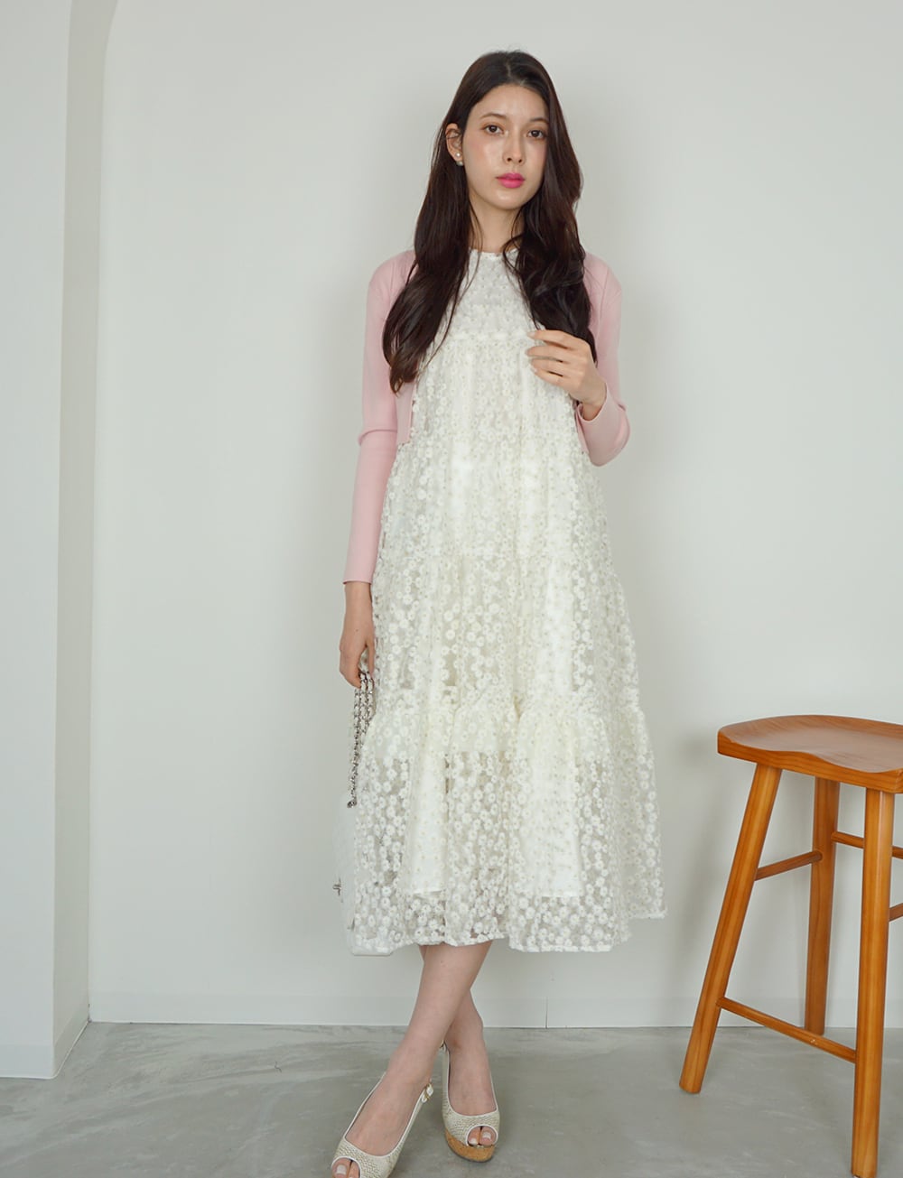 バックリボンティアードワンピース フラワー刺繍オーガンジー white