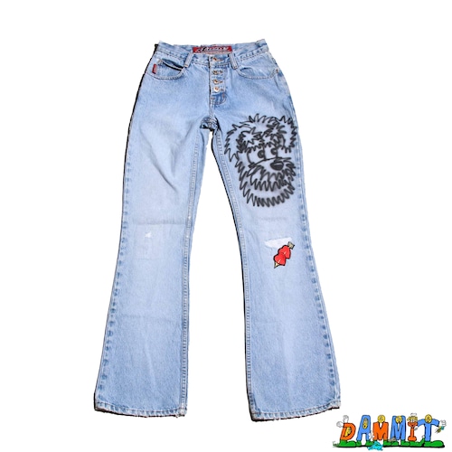 [RYOTADAIMON] LOVEDog Airbrushed/ Stone 90s HeartFlareDenimPants