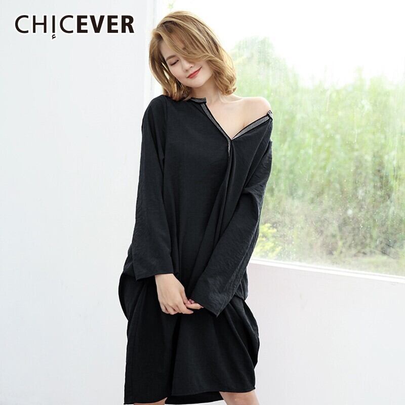 CHICEVER春秋ドレス女性Vネック長袖ルーズ特大ブラックミディドレス服 ロング スプリング 春物 オータム 秋物 6base574643854856