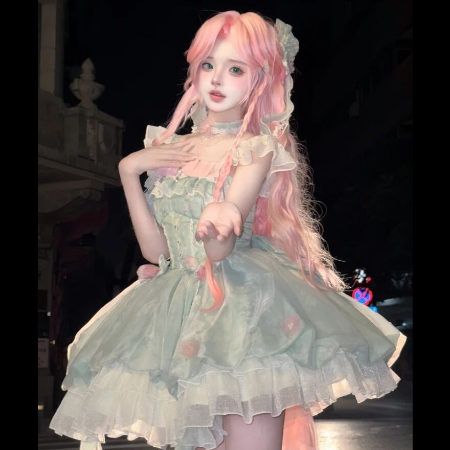 サブカル 服 地雷系 通販 ロリィタドレス 甘ロリ フラワードレス バックリボン パニエ付き イベント ステージ衣装 お茶会 撮影会衣装