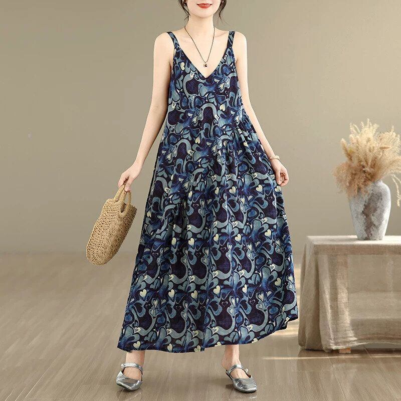 PRINT V-NECK A-LINE LONG STRAP DRESS 6colors M-16737