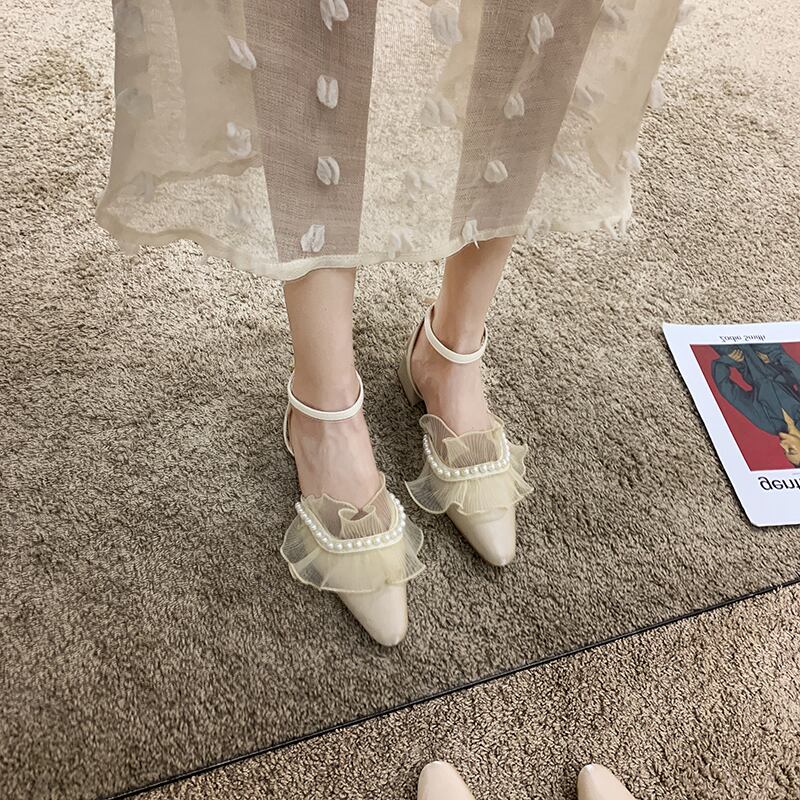 サンダルサマーレッドスタイルパールバックルヒール ハイヒール 靴 シューズ 夏物 真珠 フェイクシューズ3562739057