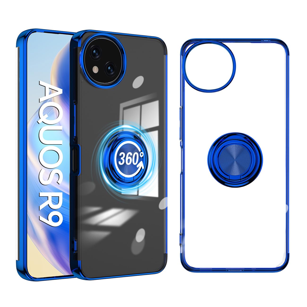 【Suumii】AQUOS R10/R9 SH-51F SH-51E SH-M28 対応 ケース クリア リング付き 360°回転スタンド 米軍MIL規格 耐衝撃 Sharp シャープ アクオスr9 r10ドコモ カバー sh51f sh51e shm28カバー 軽量 薄型 人気 aquosR10 スマホケース 透明 TPU カメラ保護ブルー
