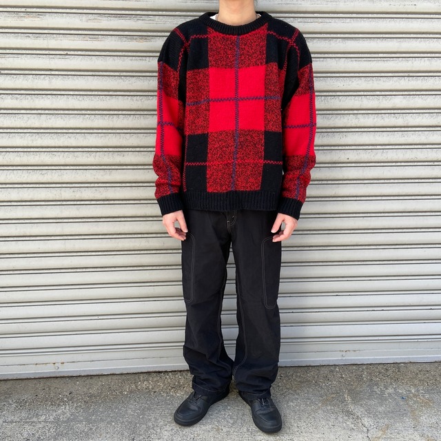 80s Woolrich チェック柄セーター ウールニット ブラック レッド L