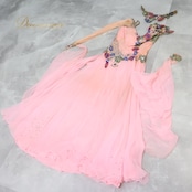 社交ダンス 衣装 エダスー edda hsu スタンダードドレス ワンピース ドレス デモ 競技 ダンス パーティ 発表会 綺麗 落ち感 レース 花 フロート ピンク系 エレガント 軽やか 優雅 フェミニン 上品 競技用