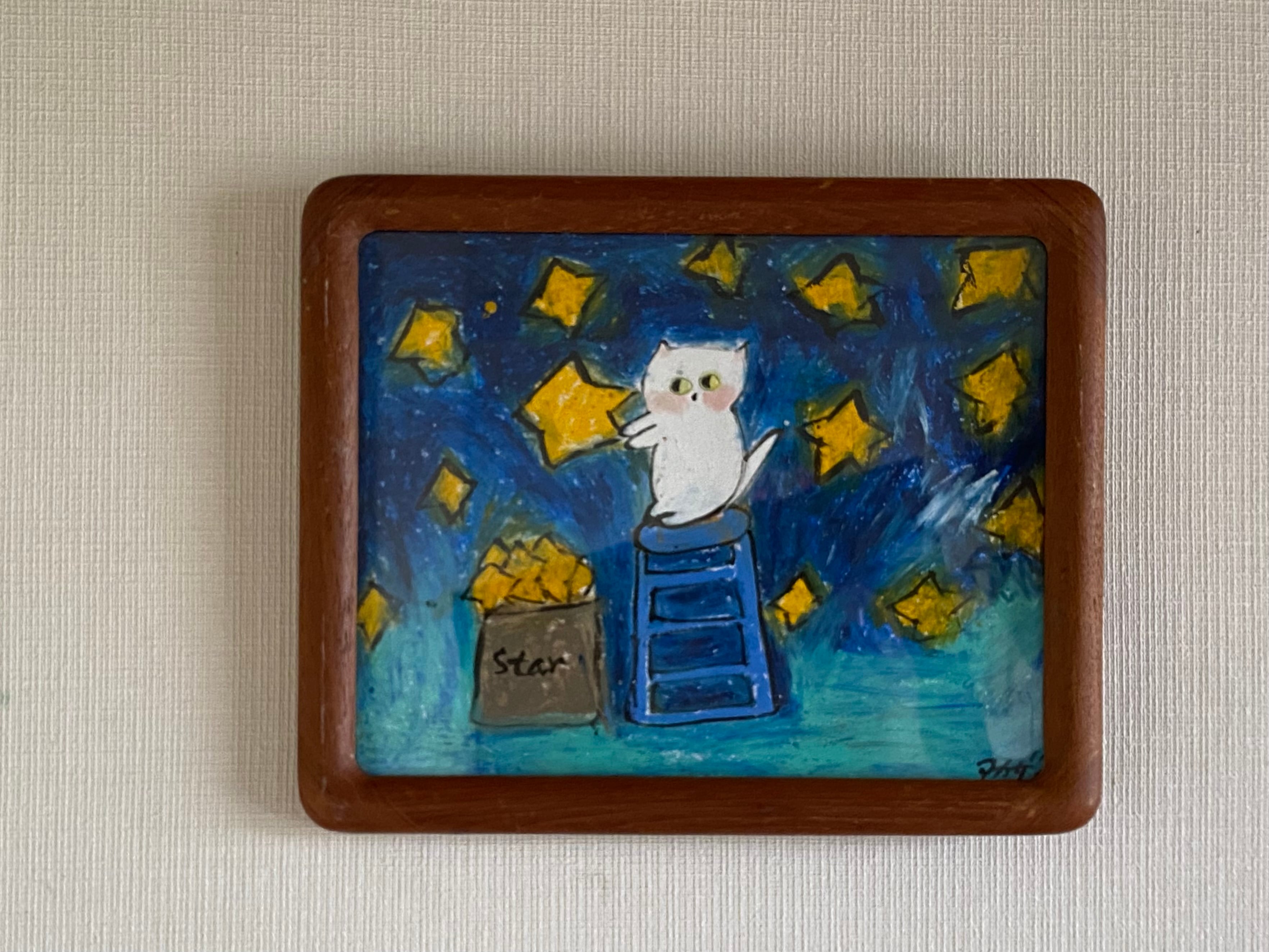 絵画。原画【かわいい白い猫が夜に梯子を登って光る星を集める 絵画。原画【かわいい白い猫が夜に梯子を登って光る星を集める