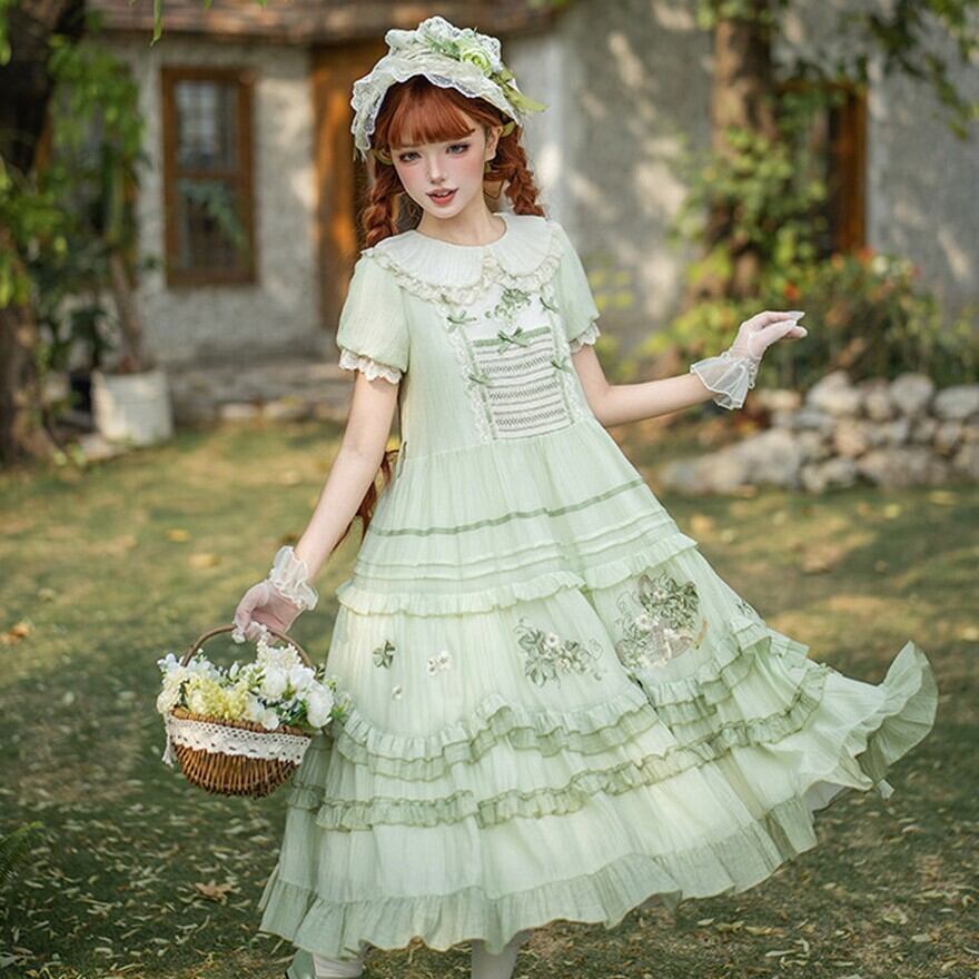 クラロリ ワンピース 4点セット ライトグリーン 花刺繍 フリル お茶会
