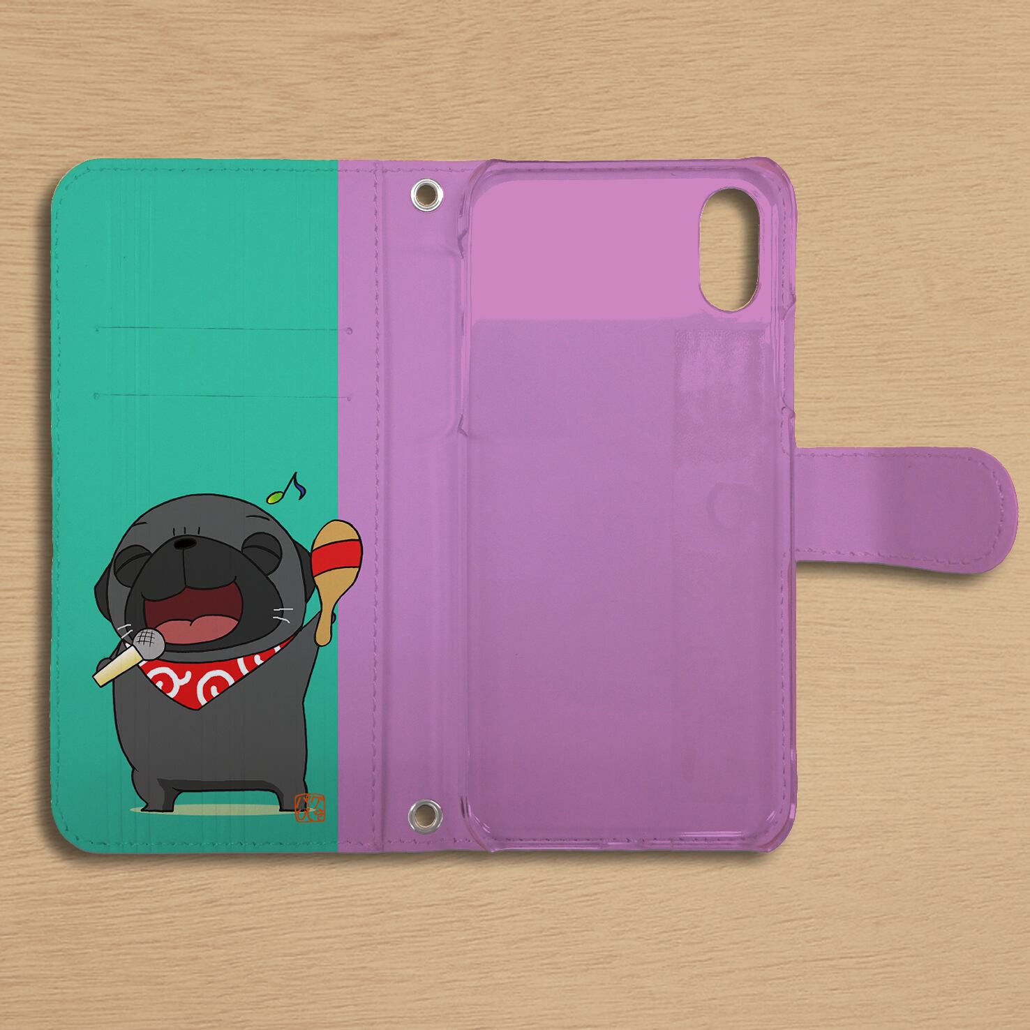 スタンド付き 両面印刷 手帳型 iphoneケース Hiphopパグ（黒パグ）