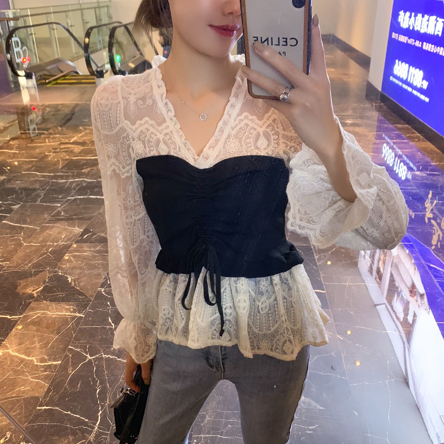 スタイルVネックレースシャツ スプリングトップス 大人ガーリー スウィート キュート カジュアル 春物 6Du_Shop_Women9136533201