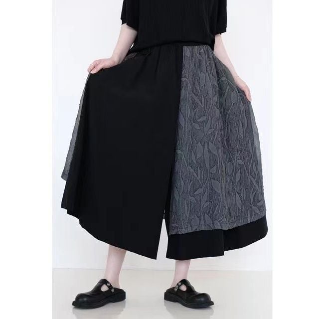 CONTRAST ASYMMETRIC LAYERED A-LINE WIDE LEG CROPPED PANTS 1color M-11984