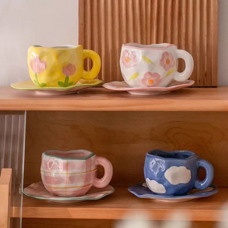 Tulip Mug&saucer set チューリップマグカップ&ソーサーセット ブルー セラミック レトロ コップ お皿 紅茶 ガラス おうちカフェ
