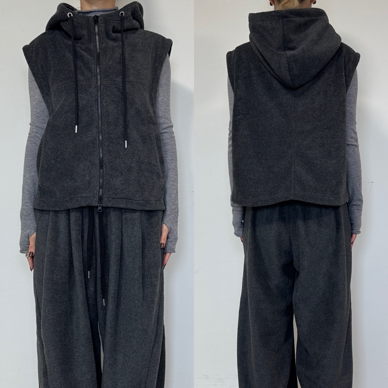 Wzipフリースフーディーvest/チャコール