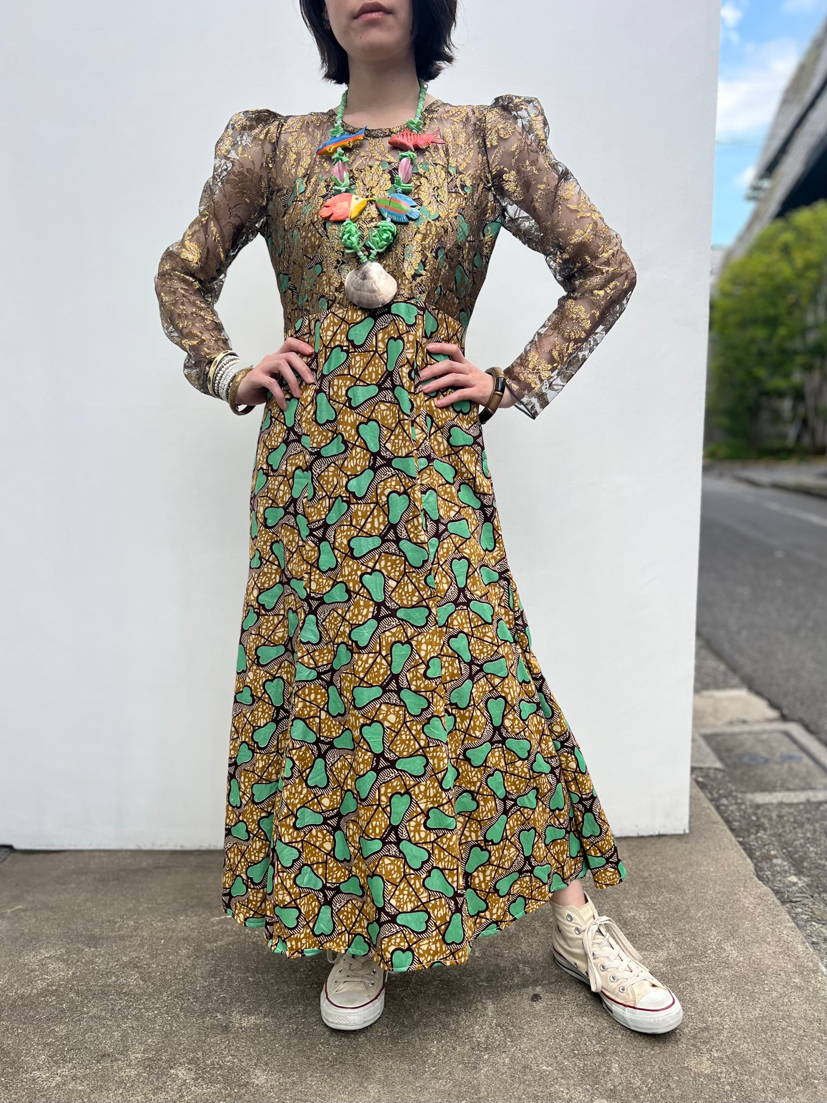 Vintage african batik cotton × lace dress ( ヴィンテージ アフリカンバティック × レース コットン ワンピース )